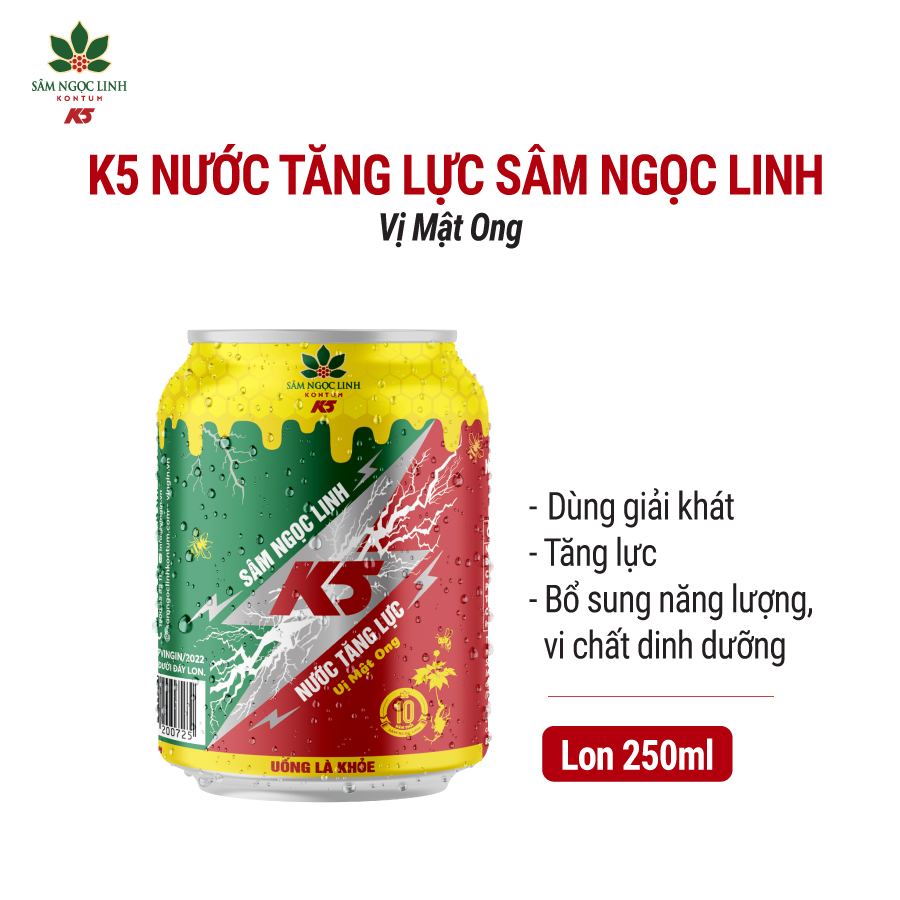 Nước Tăng Lực K5 Sâm Ngọc Linh Lon Lẻ Vị Mật Ong (250ml/Lon)