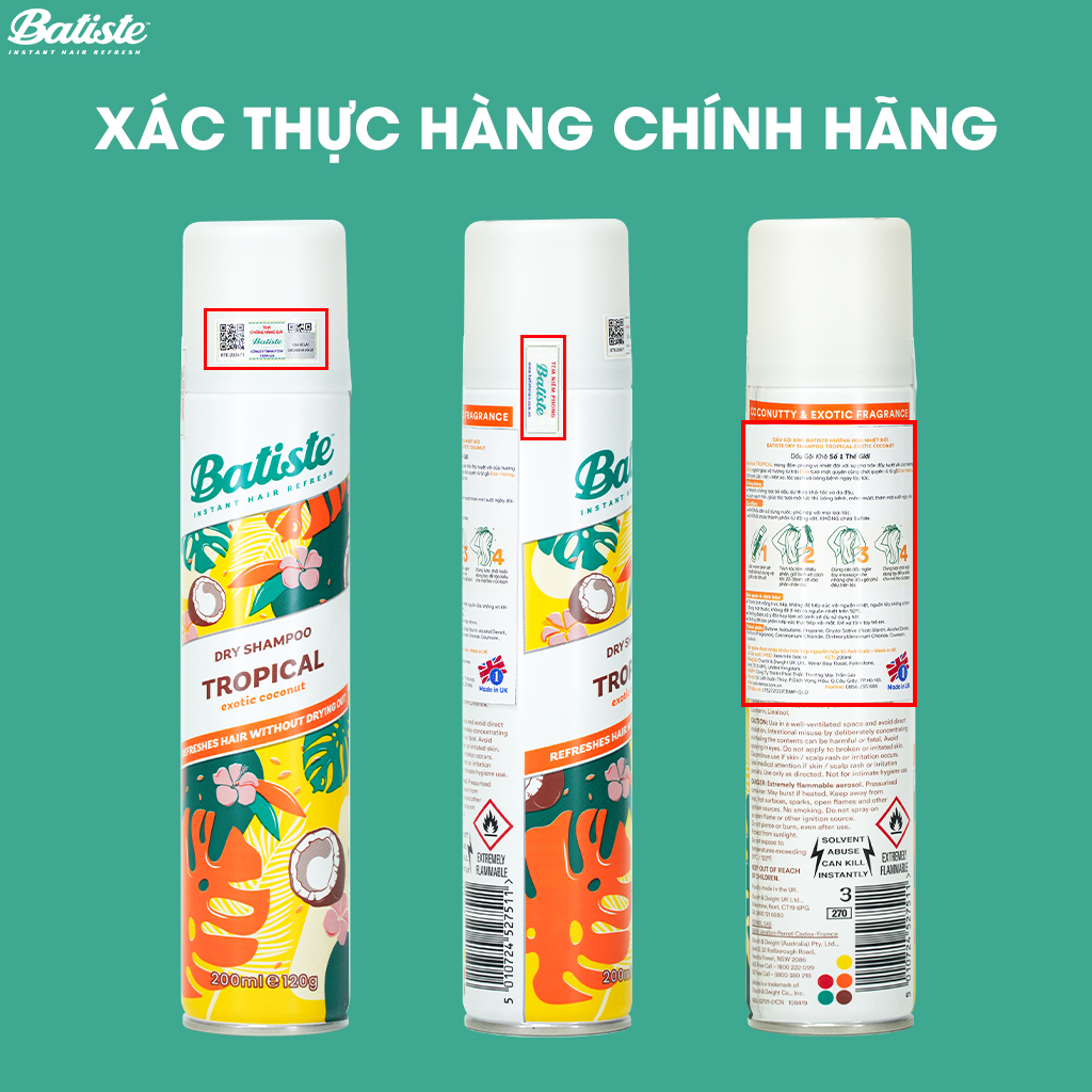 Dầu Gội Khô Batiste Hương Hoa Nhiệt Đới - Batiste Dry Shampoo Coconut &amp; Exotic Tropical 200ml