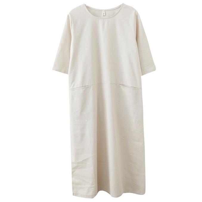Đầm suông linen cổ tròn tay lỡ 2 túi bổ trước - Màu muối tiê