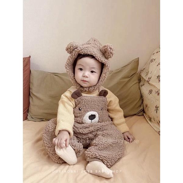 Set body yếm lông gấu rời kèm áo len tay dài kèm mũ lông tai gấu cho bé trai và bé gái - yếm thu đông ấm- áo quần trẻ em