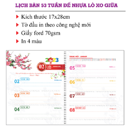 MS704 - Lịch bàn 53 tuần đế nhựa lò xo giữa ( 17x28 ) 2023 ( in 4 màu )