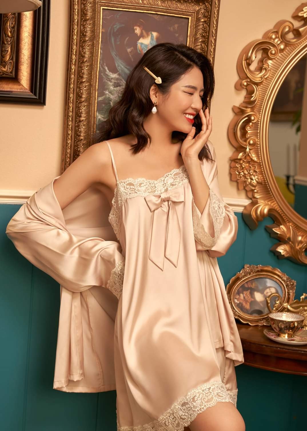 [Hantu Sleepwear]-Set áo choàng kèm váy ngủ phối ren cúp ngực xinh xắn,sang trọng-Màu đỏ-Nude-Hồng