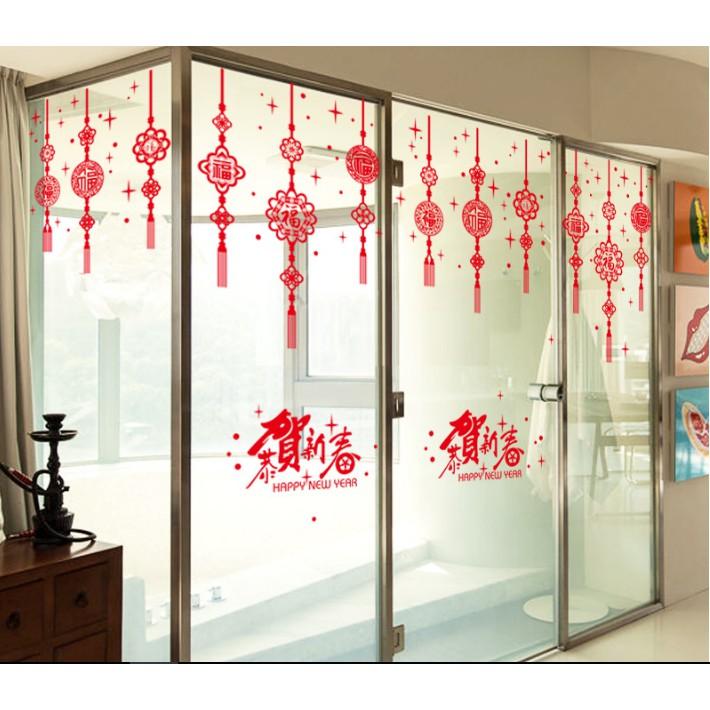 Decal trang trí Tết - Rèm dây kết đồng tiền chữ đỏ