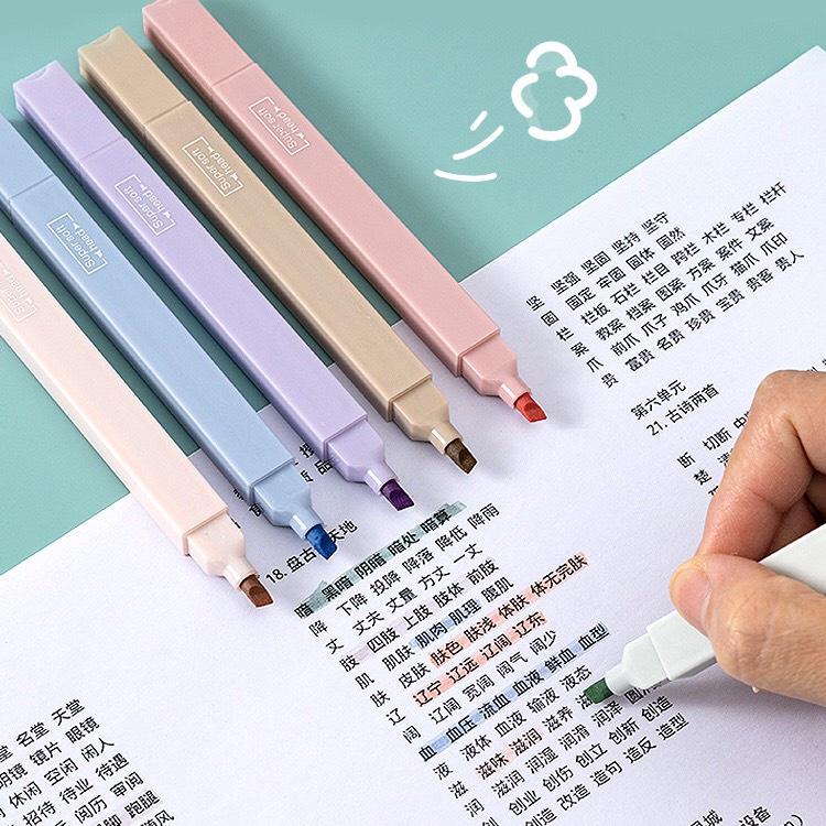 Sét 6 Bút highlight pastel 2 đầu, bút đánh dấu nhớ dòng morandi trang trí sổ bullet journal văn phòng phẩm