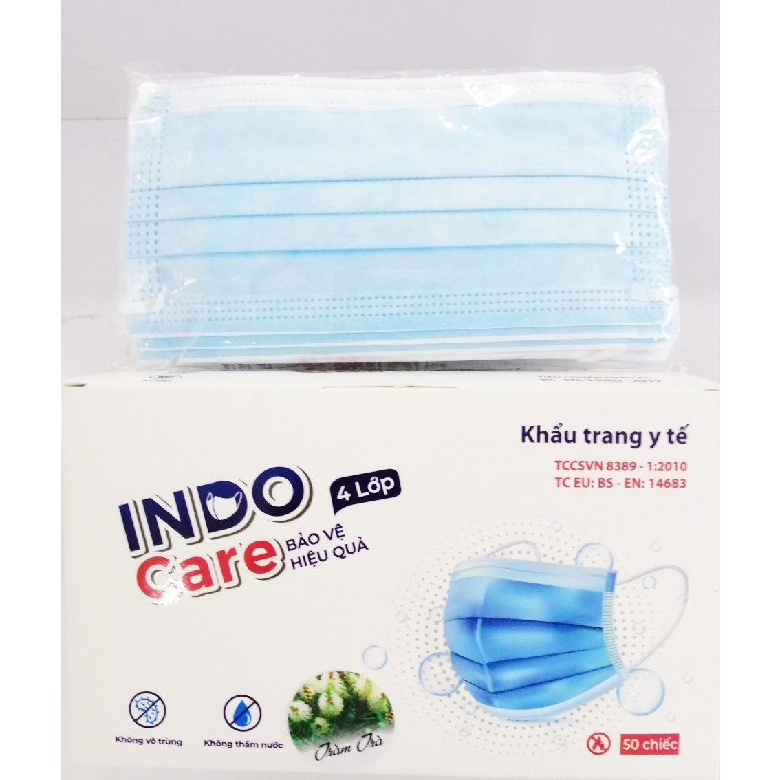 KHẨU TRANG Y TẾ INDO CARE - HƯƠNG TRÀM TRÀ, KHỬ MÙI HƠI THỞ/CHỐNG SAY TÀU XE/KHÁNG KHUẨN 99% - HỘP 50 CÁI