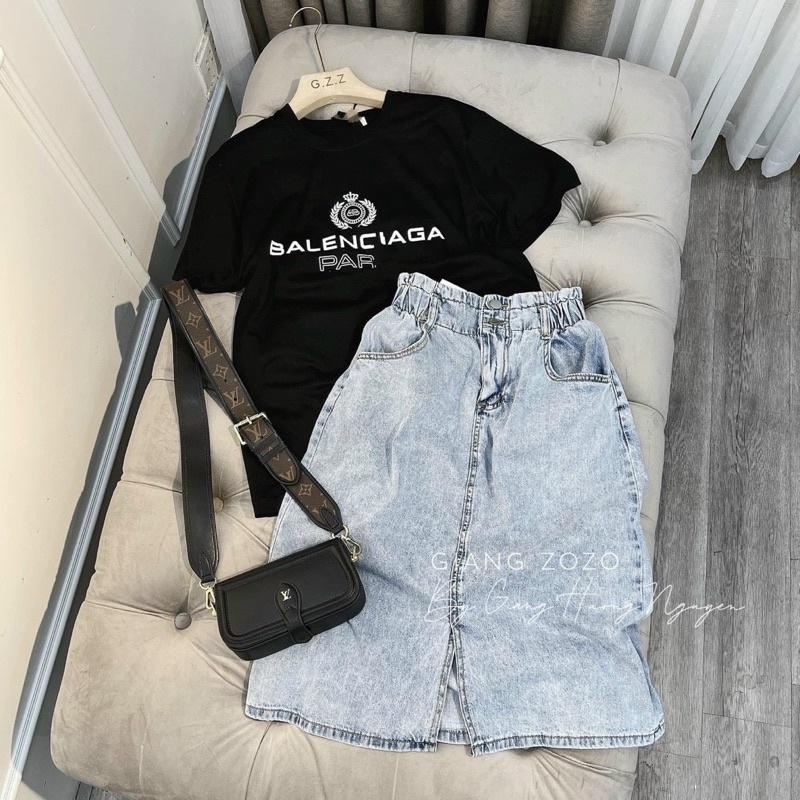 Chân váy jeans 2 cúc xẻ trước - cạp bo chun