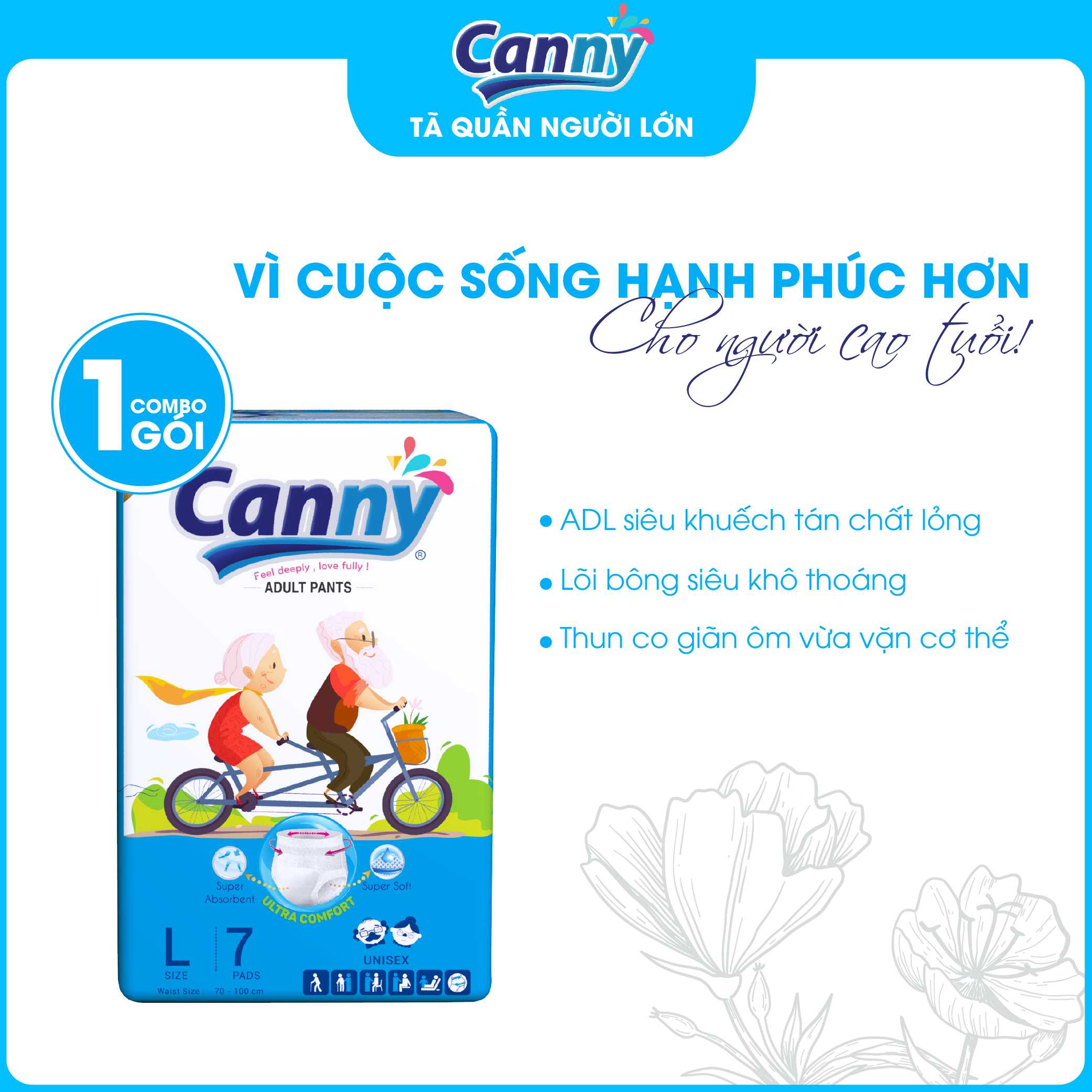 Tã/Bỉm Quần Người Lớn Canny Siêu Mềm, Siêu Thấm, Kháng Khuẩn Size L7 (7 Miếng)