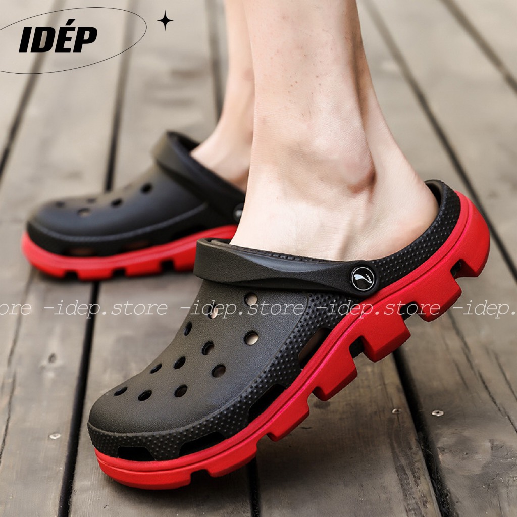 Dép Cross cá sấu màu ĐEN ĐỎ unisex- Giày sục bít mũi Nam Nữ duet HQ đi mưa siêu nhẹ- SL013