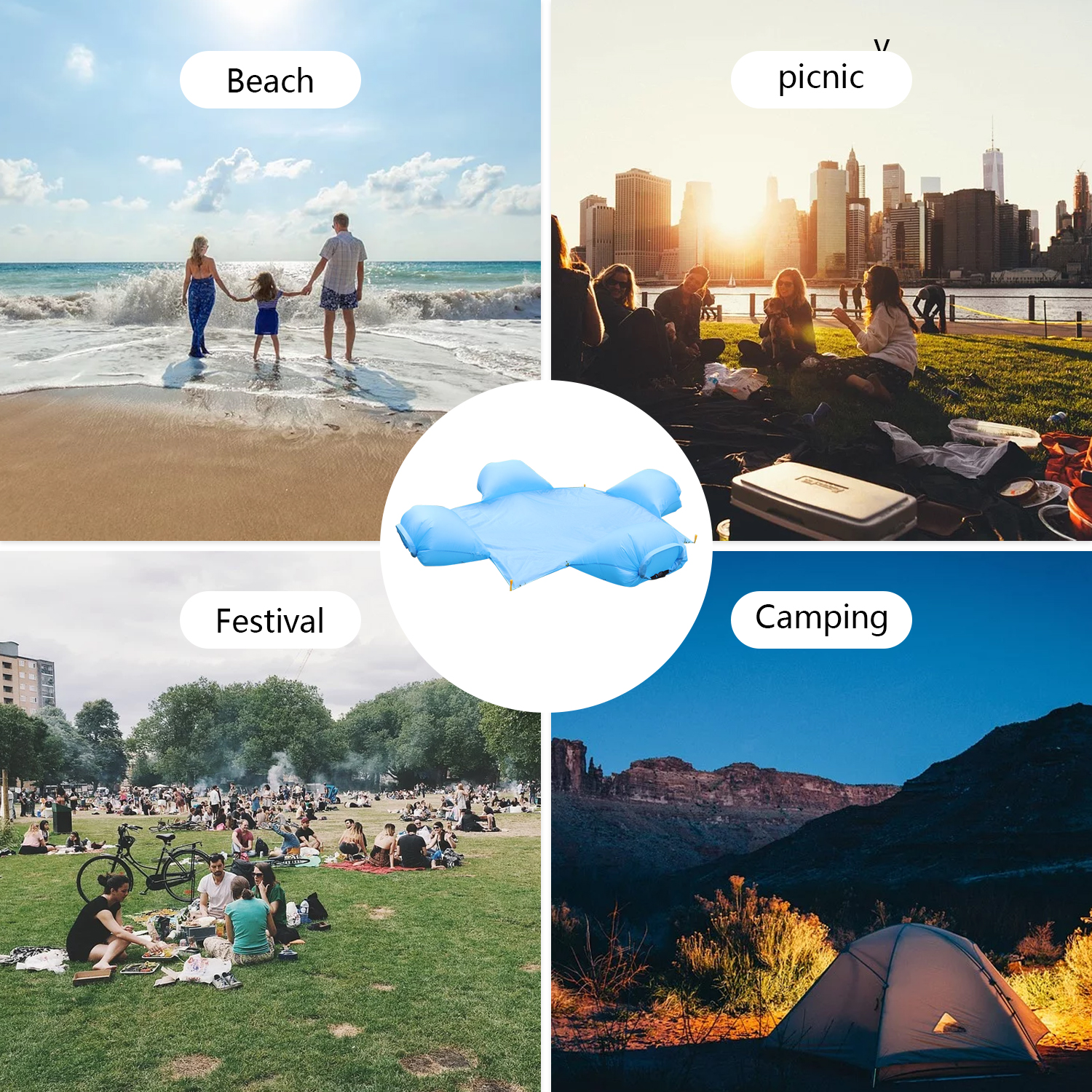 Thảm Dã Ngoại Bơm Hơi Chống Nước Có Gối Tựa Đầu Vải Oxford