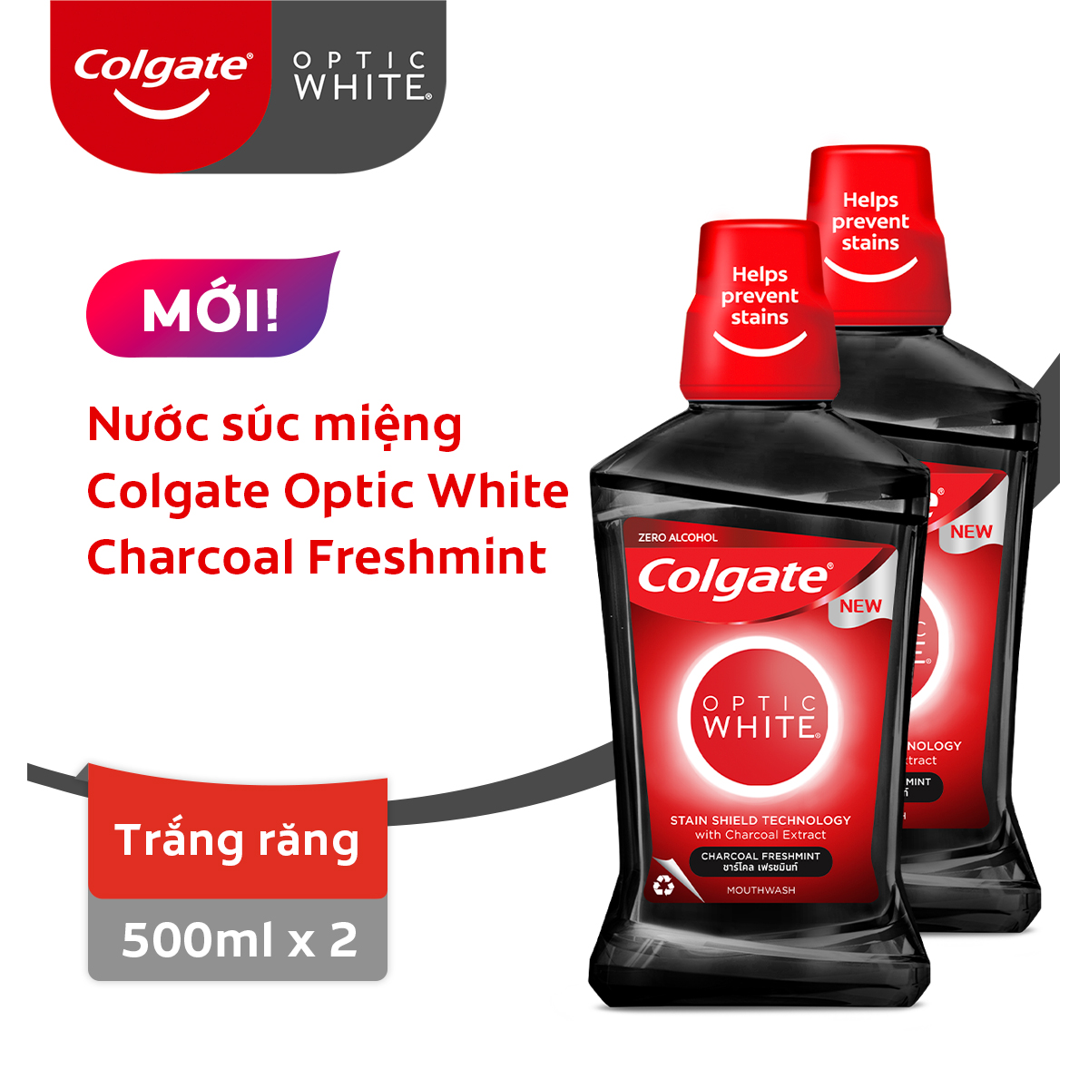 Bộ đôi Nước súc miệng Colgate trắng răng Optic White Charcoal Freshmint 500ml/chai