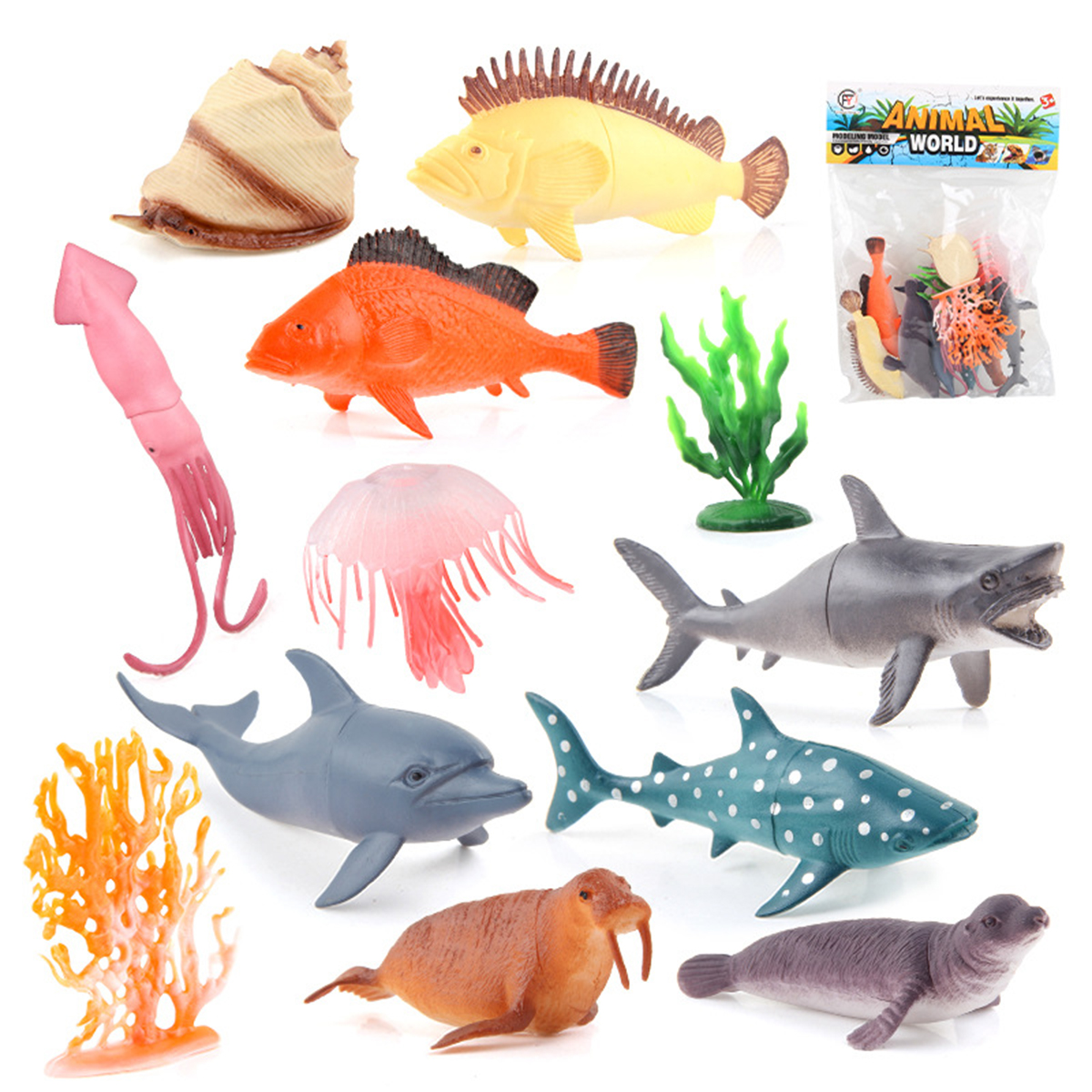 Bộ 12 đồ chơi Cá Biển Ốc Mực Hải Cẩu Cá Mập Cá Heo Ocean World Fish nhựa dẻo 12 chi tiết cho bé mang đi biển, đi tắm hồ bơi