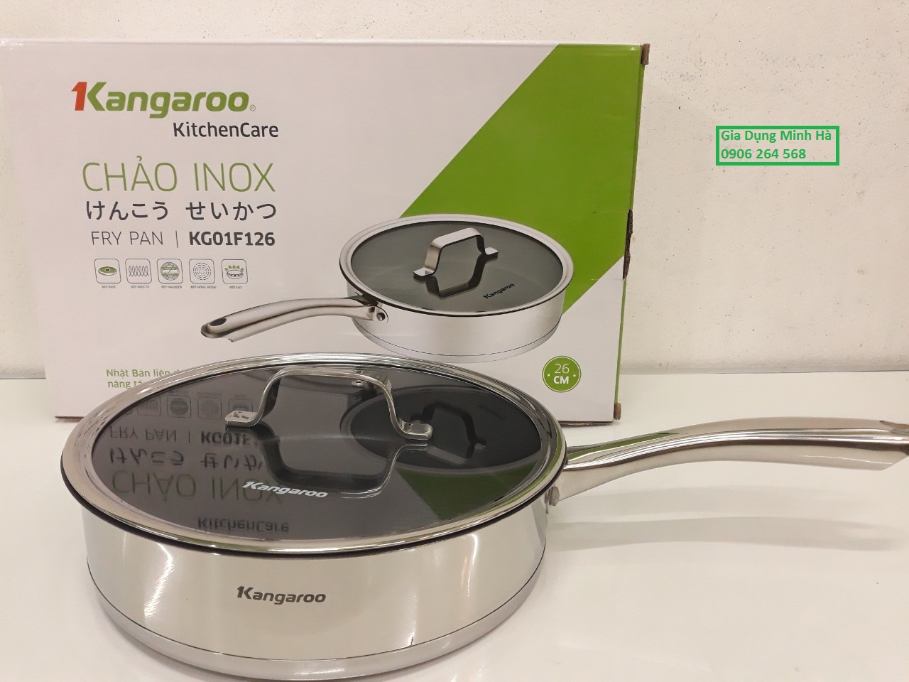 Chảo inox chống dính đáy từ nắp kính 26 cm Kangaroo KG01F126 hàng chính hãng