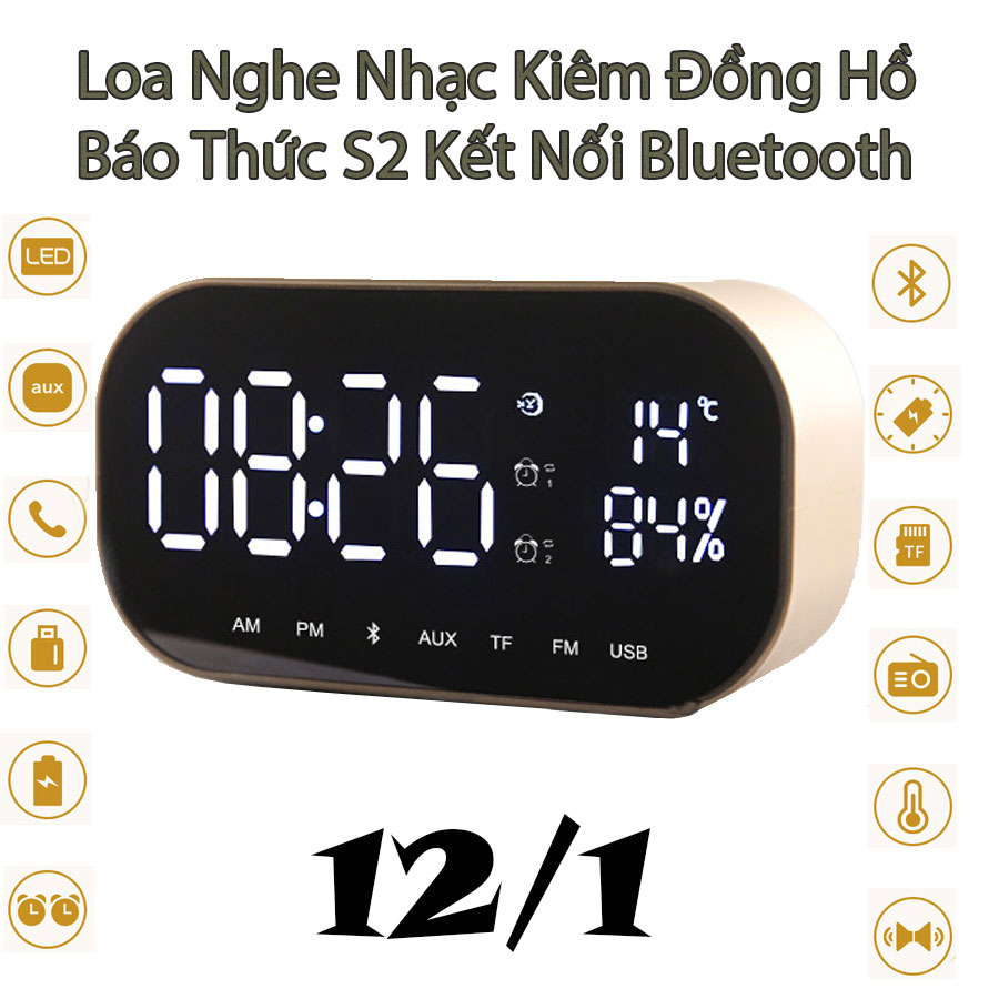 Loa Nghe Nhạc Bluetooth Kiêm Đồng Hồ Báo Thức,Mặt Kính Tráng Gương, Âm Thanh Siêu Trầm Cao Cấp