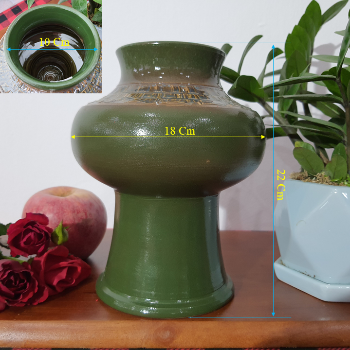 Bình hoa bát tràng cao cấp vuốt tay đọc bản màu xanh rêu H22