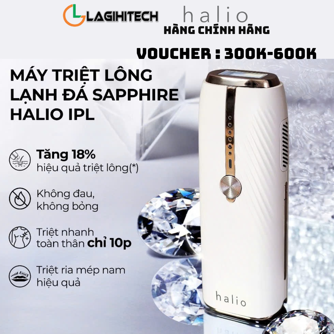 Máy Triệt Lông Lạnh Sapphire Halio InfinityGlow Advanced IPL Sapphire Cooling Hair Removal Device - Hàng Chính Hãng