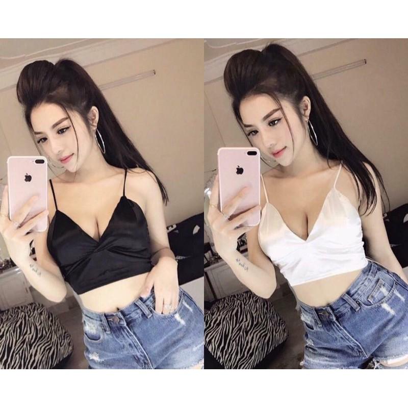 Áo bra dây satin phi bóng bản to, áo bra hot girl, áo bra satin croptop hot hit quyến rũ