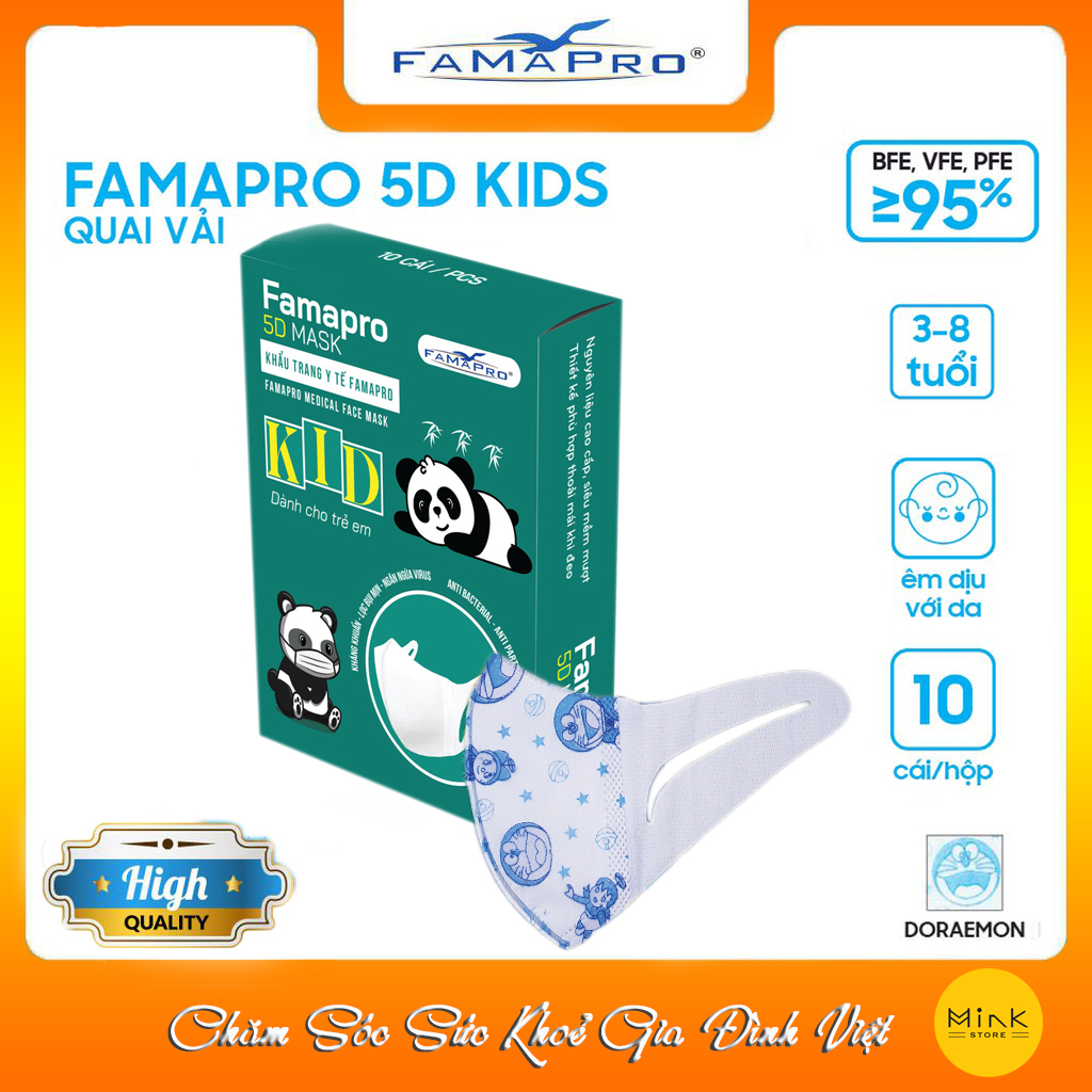 [CHÍNH HÃNG] Khẩu trang y tế trẻ em quai vải Famapro 5D Mask Kid - Bé Dưới 10 Tuổi [ HỘP