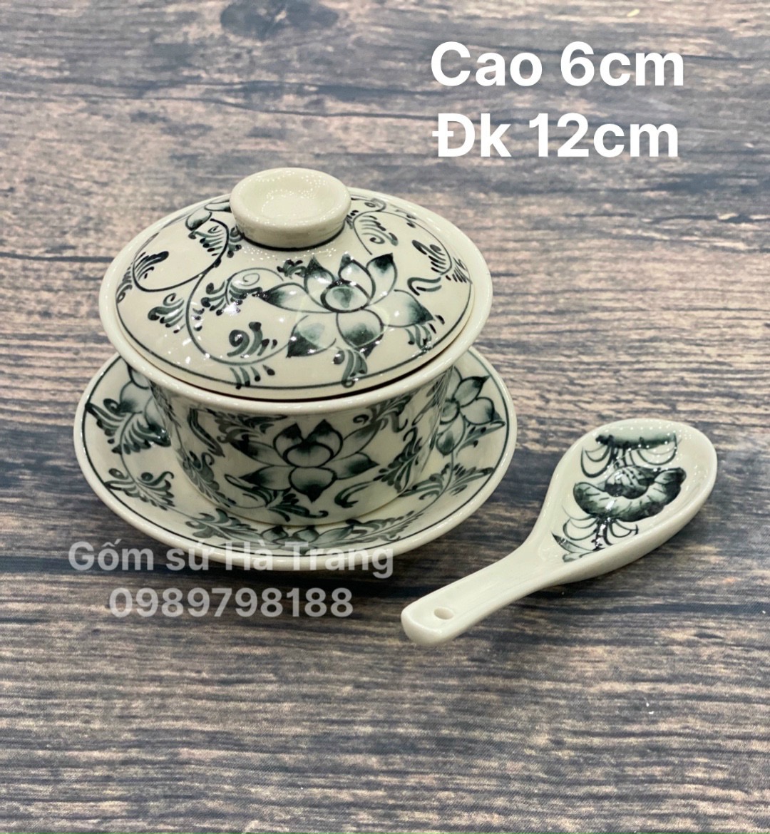 Bộ bát trà sâm gốm sứ Bát Tràng cao cấp vẽ tay xuất dư hoạ tiết sen phú quý