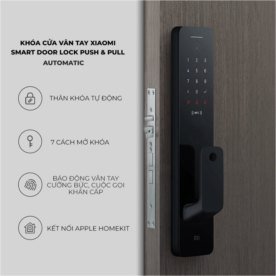 Khóa thông minh Xiaomi Smart Door Lock Push and Pull Automatic - Thân khóa tự động, 7 cách mở cửa, mở khoá vân tay, kết nối Homekit, Mihome - Hàng Chính hãng