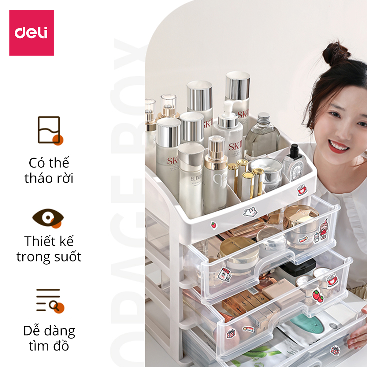 [Tặng sticker] Kệ Đựng Mỹ Phẩm Nhựa Nhiều Tầng Để Bàn Trong Suốt Có Thể Tháo Rời Deli - Kệ Đưng Đồ Trang Điểm Đồ Cá Nhân Nữ Trang Sức Hộp Lưu Trữ Văn Phòng Phẩm Decor Bàn Làm Việc Góc Học Tập - VS559 564