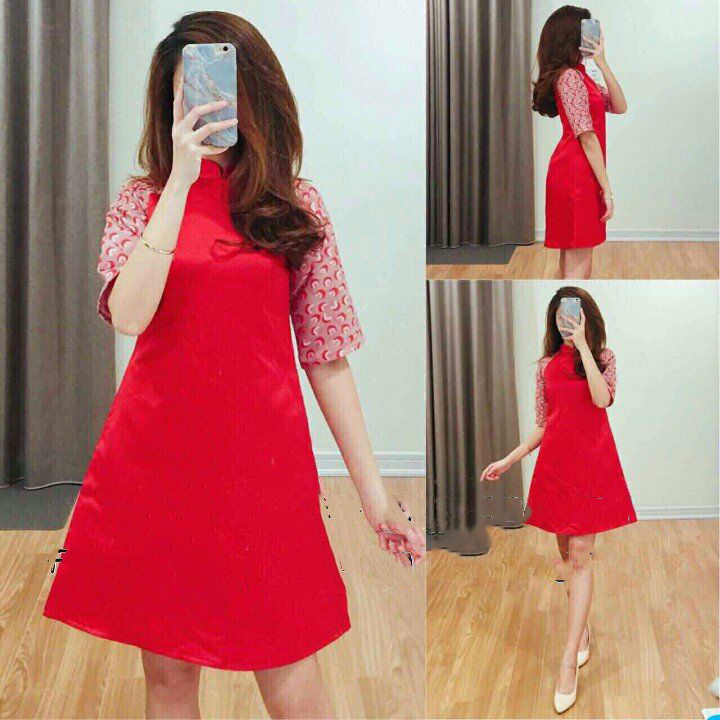 Đầm suông đỏ phối họa tiết siêu sang