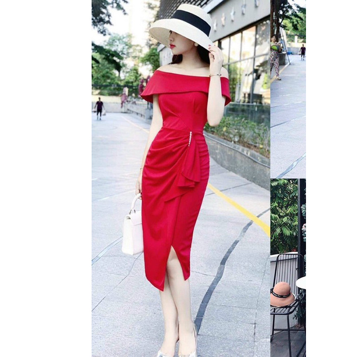 Đầm Ôm Body Trễ Vai Đính Hạt Xẻ Tà Thời Trang