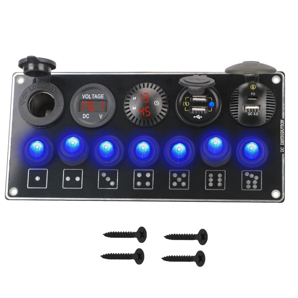 ON-Off Rocker Toggle 7 Gang Car Switch Panel QC3.0 & PD Quick Charge Waterproof Dual USB Socket Charger for Truck Boat RV