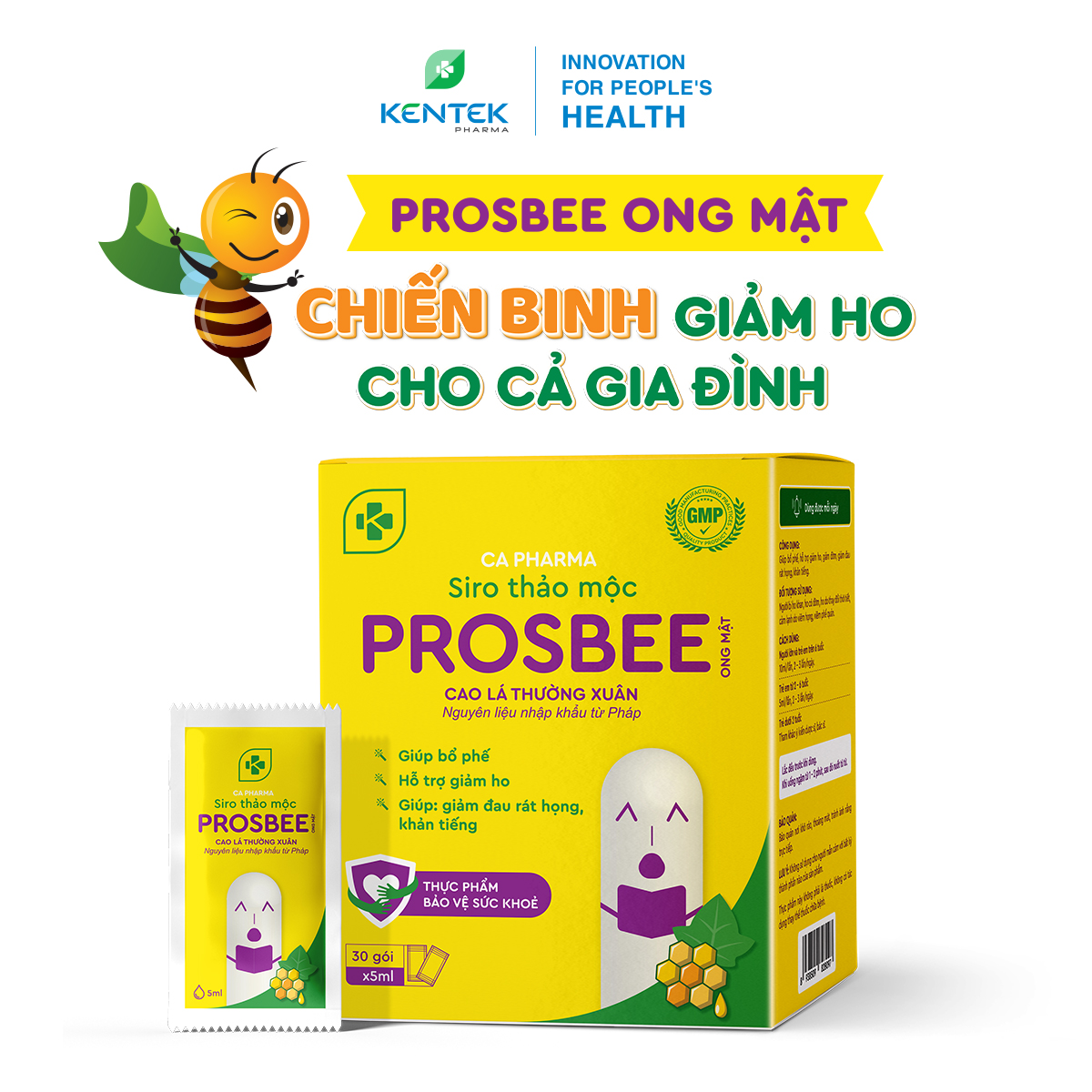 Siro ho thảo dược bổ phế, giảm ho dành cho trẻ em PROSBEE Ong Mật | Kentek Pharma | Gói 5ml, hộp 30 gói