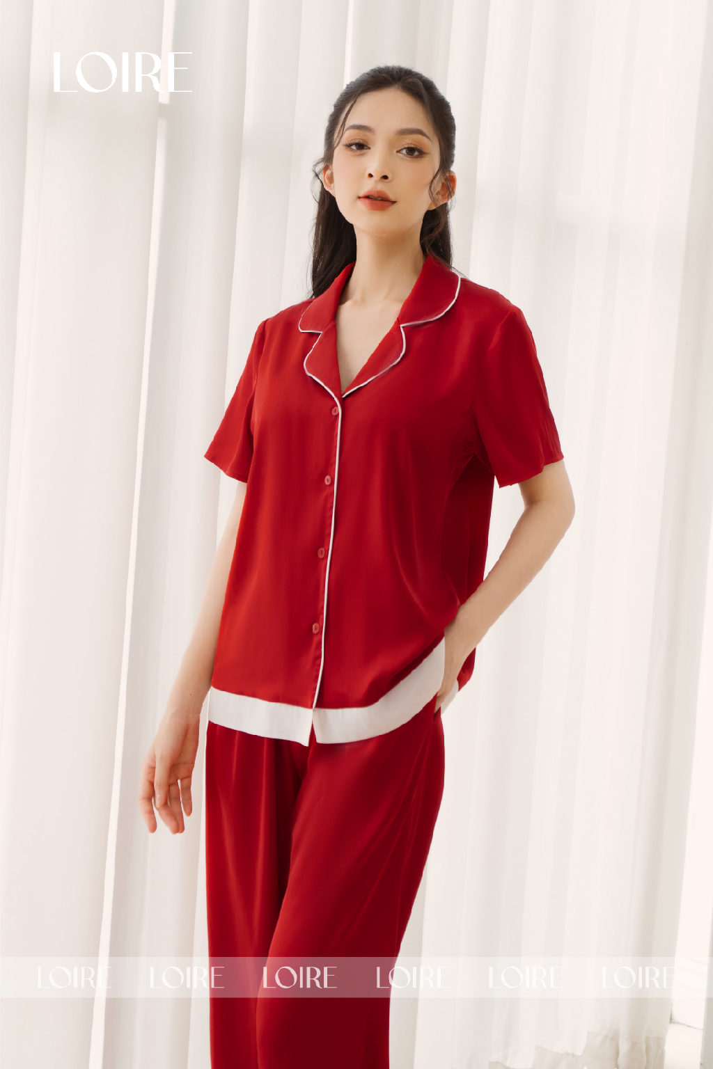 Bộ Pijama Lụa Đỏ Phối Voan Trắng Basic Loirechic LPN28
