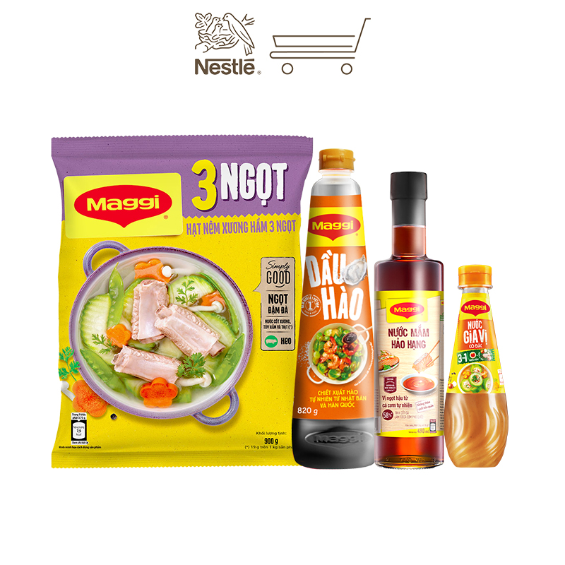 [Tặng bộ 3 thố thủy tinh] Combo Maggi đậm đà : 1 dầu hào 820g + 1 gia vị cô đặc 350g + 1 nước mắm 490ml + 1 gói hạt nêm Maggi xương hầm 3 ngọt heo gói 900g