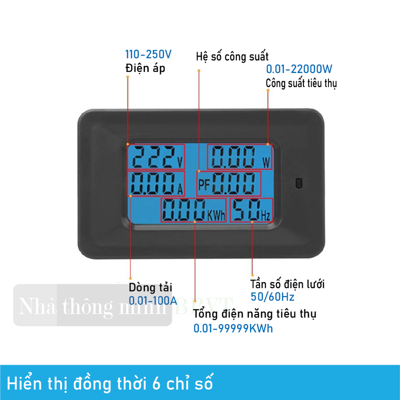 Đồng hồ,Công tơ điện tử 1 pha 6 thông số 100A 220V đo Dòng A , Vôn V, Cos phi Pf, Tần số Hz, Công suất W