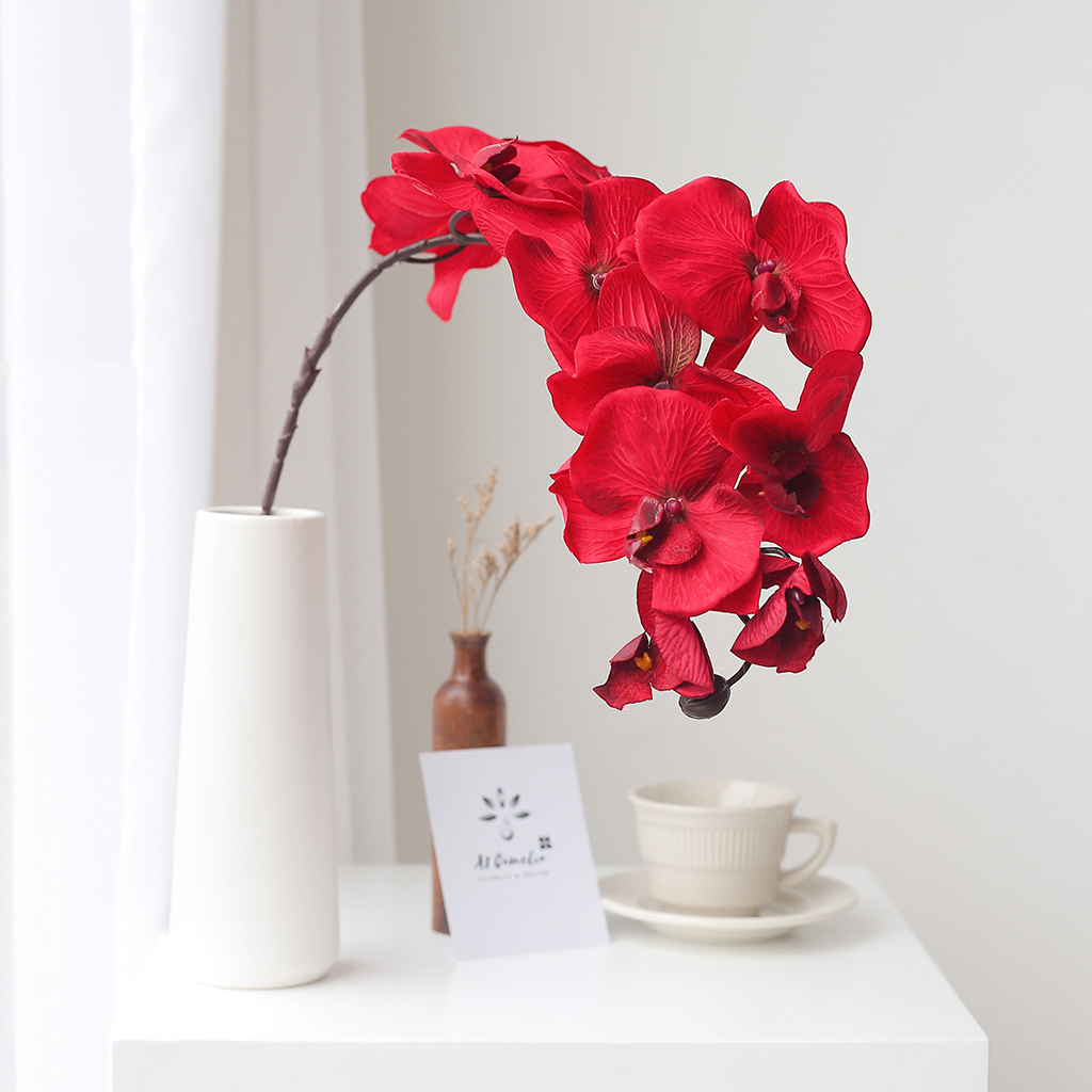 Hoa Giả - A1 Camelia, Bình Hoa Lan Hồ Điệp (1 lọ + 1 cành lan) + Tặng Kèm Sỏi Trắng, Hoa Lụa Decor Cao Cấp, Cành 95cm, 1Cành Gồm 10 Bông Lớn, Trang Trí Cực Đẹp