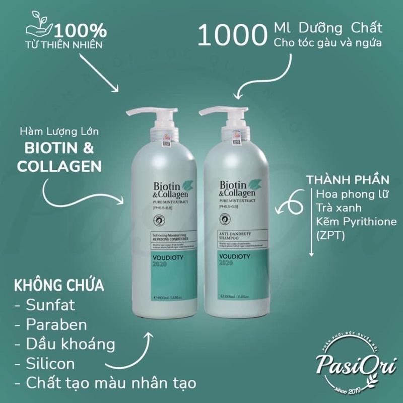 Cặp Dầu Gội Xả Biotin &amp; Collagen Xanh Dương 2 Chai 1000ml To Siêu Mềm Mượt Cho Tóc Khô