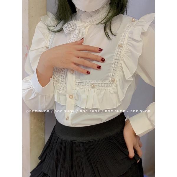 Áo sơ mi nữ kiểu ulzzang tiểu thư cổ nơ tay dài, màu trắng sang chảnh chất vải đẹp