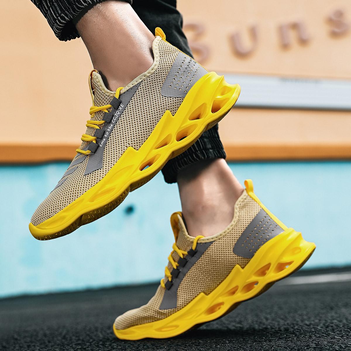 Giày chạy bộ chuyên nghiệp cho nam Giày thể thao lưới thiết kế nhẹ cho nam Giày thể thao ngoài trời cho nam Giày tennis buộc dây Color: yellow 1102 Shoe Size: 46