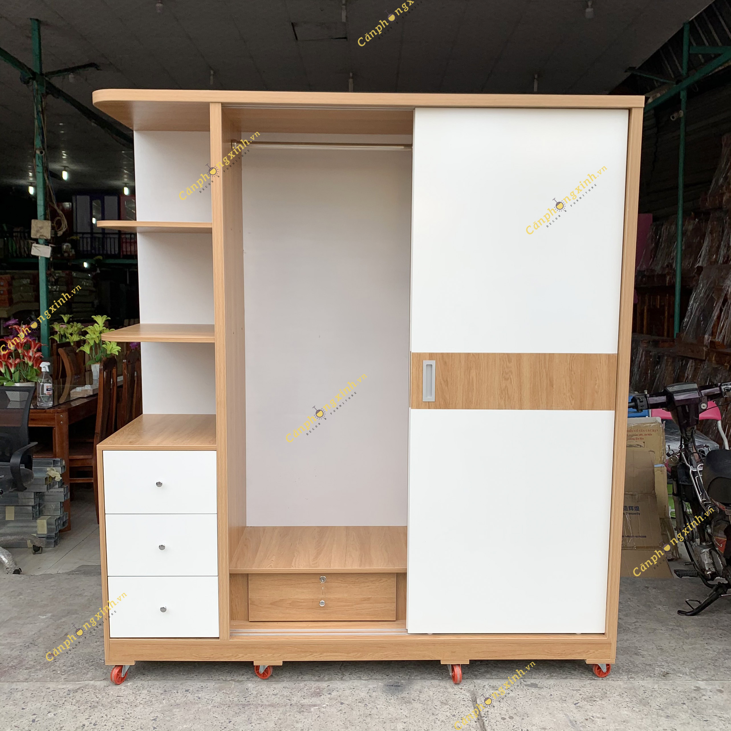 Tủ quần áo CPX-T09, tủ cánh cửa lùa có hộc kệ trang trí, gỗ MDF phủ melamin