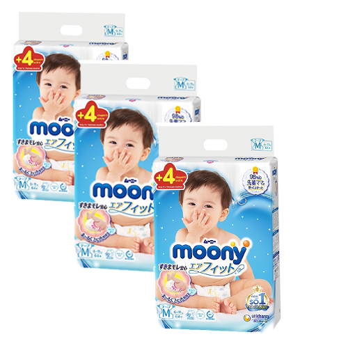 Combo 3 gói Tã Dán Cao Cấp Moony Nhật Bản M64 (64 Miếng) - Tặng 12 miếng trong gói