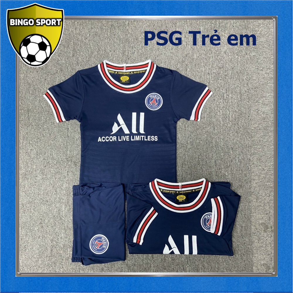 Bộ Quần Áo Bóng Đá, Đá Banh, Thể Thao TRẺ EM PSG Sân Nhà Xanh Đen 21-22 Mẫu Mới Thun Lạnh 4 Chiều, Logo Thêu Nổi Cao Cấp Đẹp Giá Rẻ