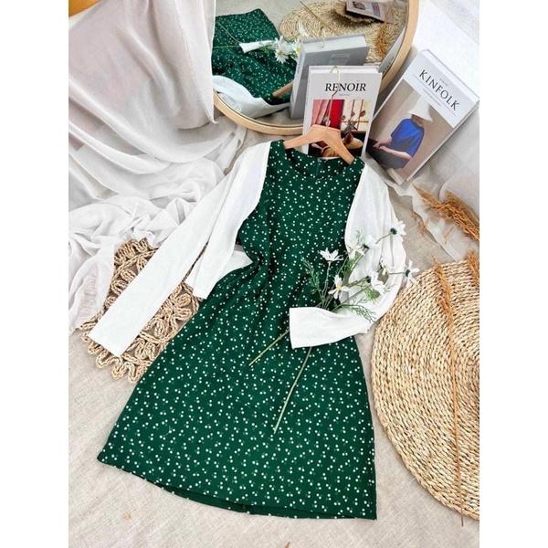 CM - SET ĐẦM XANH HOA NHÍ TAY NGẮN KÈM KHOÁC TRẮNG