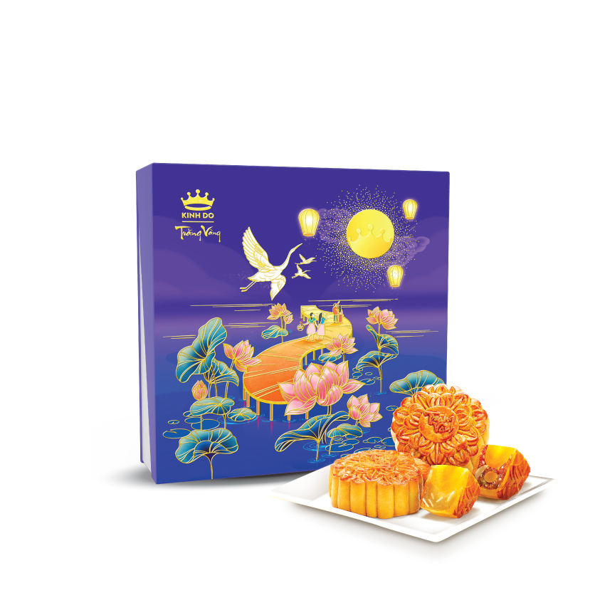 Hộp bánh trung thu Kinh Đô - Trăng vàng Hồng Ngọc An Nhiên (4 bánh x 160gr) + Tặng bộ lồng đèn, đầu lân, mặt nạ ông địa