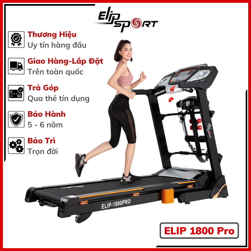 Máy Chạy Bộ ELIP 1800 động cơ 3.0HP, Nâng dốc tự động, Có đai massage, tạ tay, thanh gập bụng