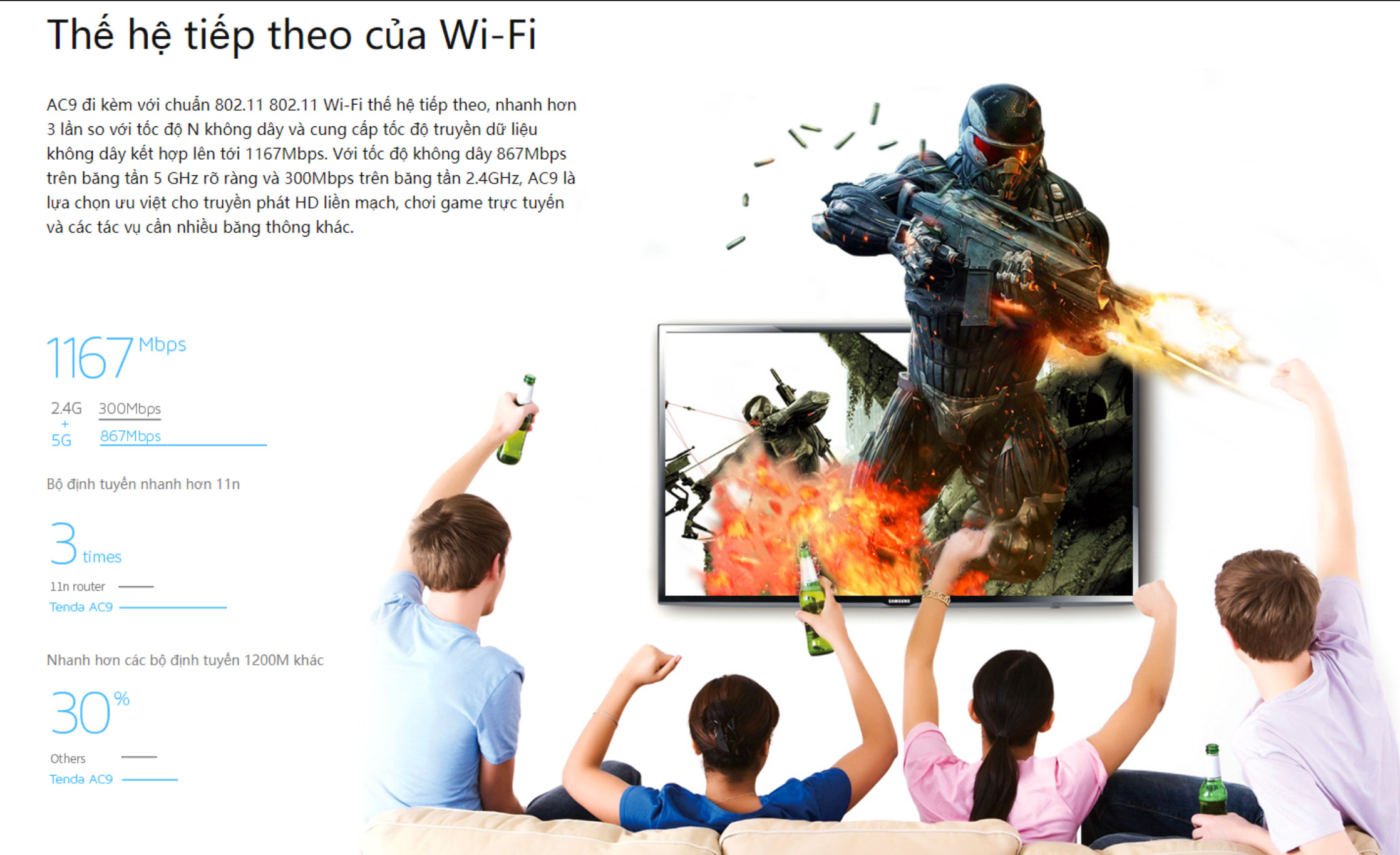 Thiết Bị Phát Wifi Công Suất Cao Tenda AC9 1200M Game Streaming - Hàng Nhập Khẩu