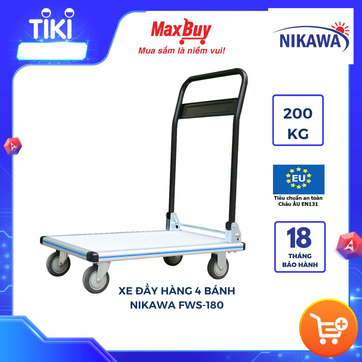 Xe đẩy hàng 4 bánh chống ồn Nikawa FWS-180 sàn nhôm tay cầm thép gấp mở tiện lợi tải trọng 180kg