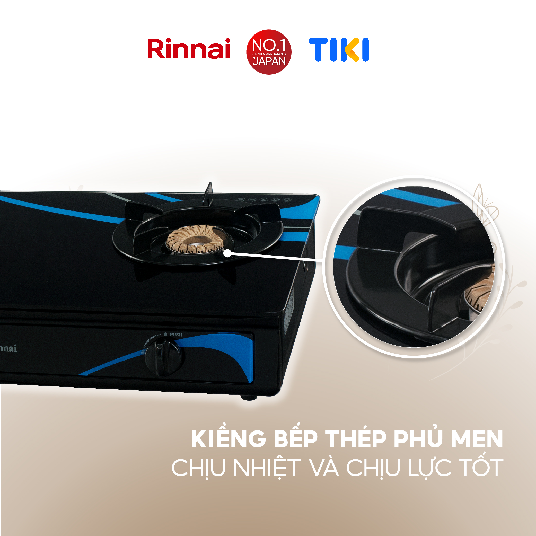 Bếp gas dương Rinnai RV-3715GL(BC) mặt bếp kính và kiềng bếp men - Hàng chính hãng.