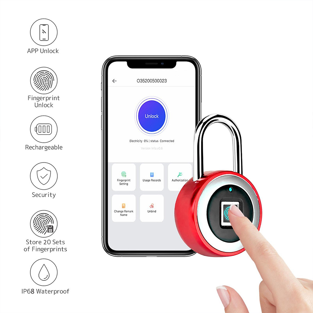 Ổ khóa vân tay bluetooth thông minh, lưu trữ đến 10 dấu vân tay, chống nước IP65, kết nối App