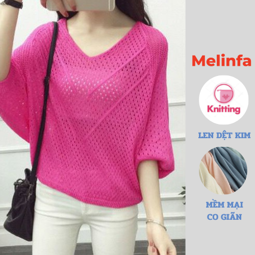 Áo len nữ mỏng cổ V cánh dơi dập lỗ len dệt kim mềm mịn co giãn mặc mùa hè mã VAA0315