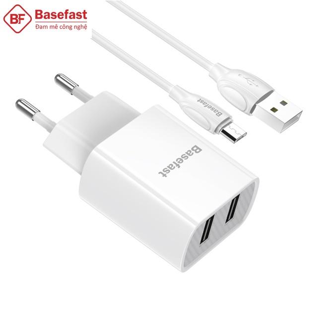 Bộ Sạc Nhanh 2 Cổng USB Chính Hãng BASEFAST B22m - Combo Củ kèm Cáp Sạc Micro USB 2.1A Cho Samsung, Xiaomi, Oppo... - Hàng Chính Hãng