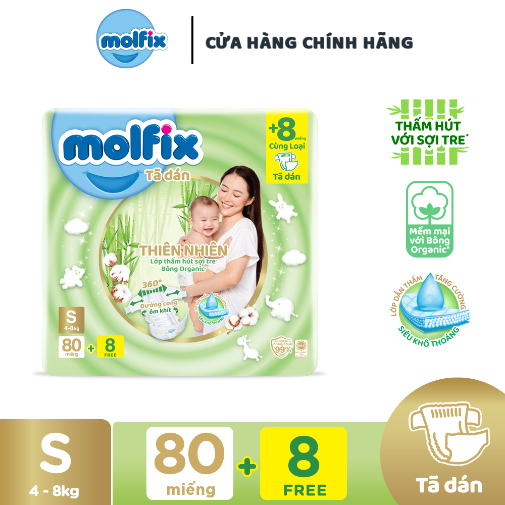 Tã/bỉm dán Molfix Thiên nhiên Super Jumbo S (4kg - 8kg) - Gói 80+8 miếng