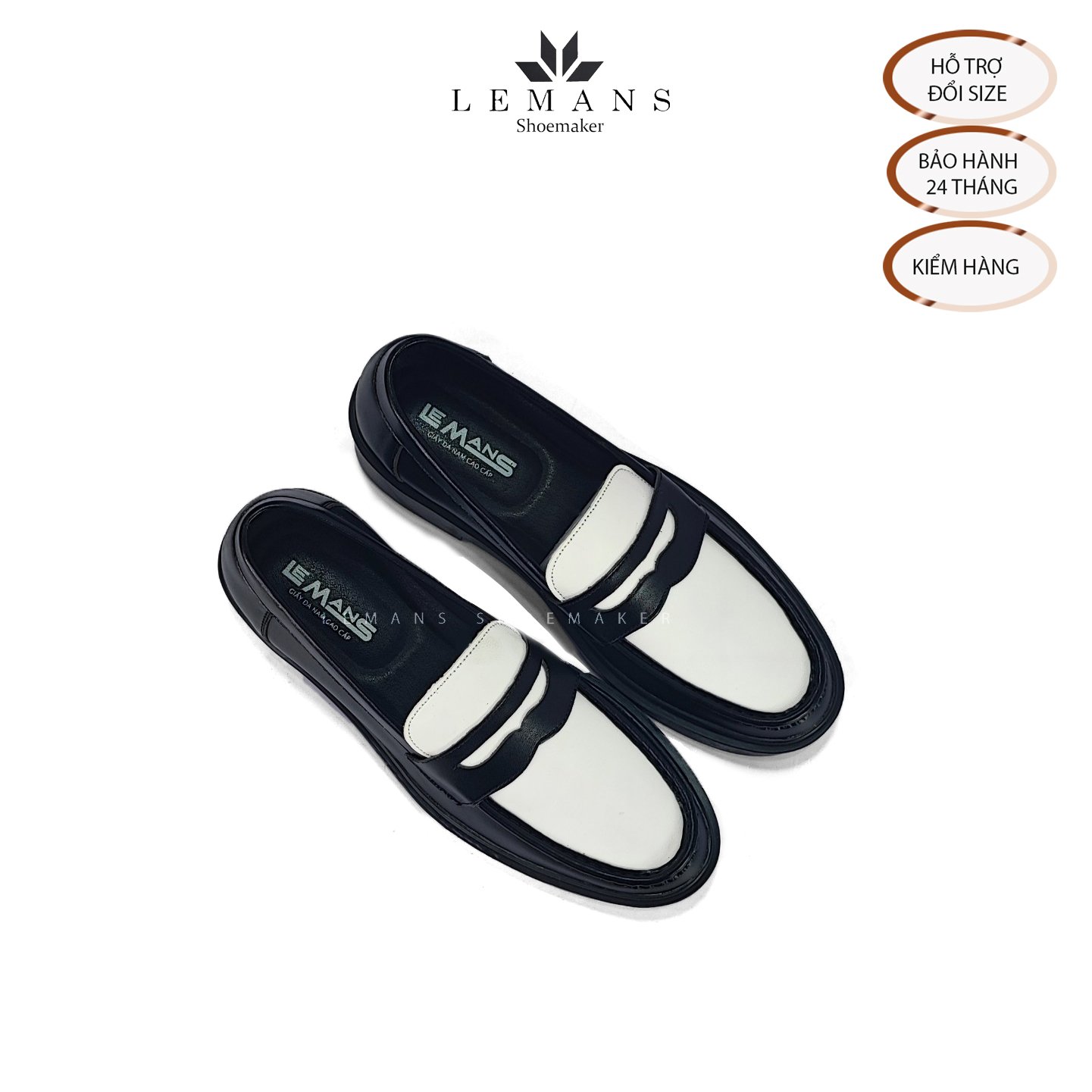 Giày da bò Penny Loafer Black White LEMANS, da bò thuộc nguyên tấm, tăng chiều cao 4cm, bảo hành 24 tháng