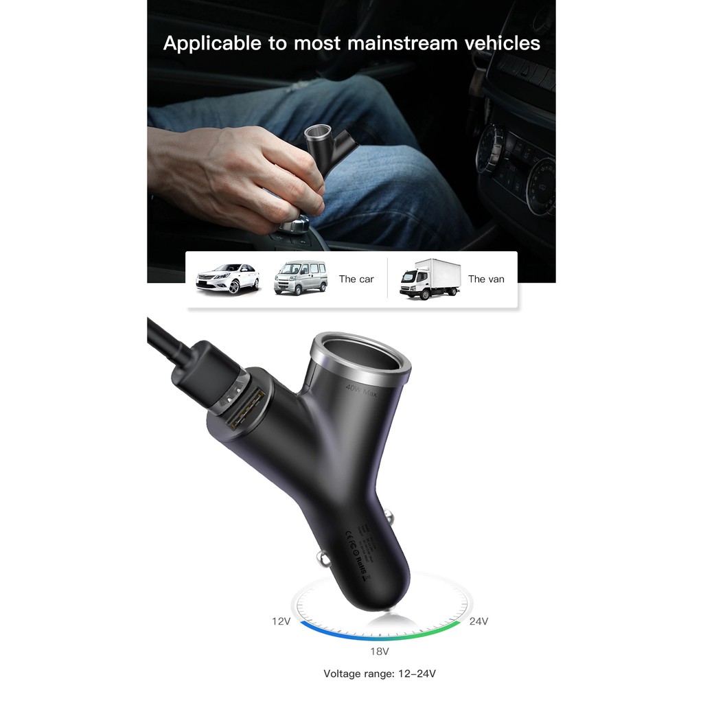 Tẩu sạc trên ô tô Baseus Y Type Car charger BSC-C16N _  Hàng chính hãng